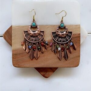 Artisan Copper Earrings with Turquoise and Multicolor Beads